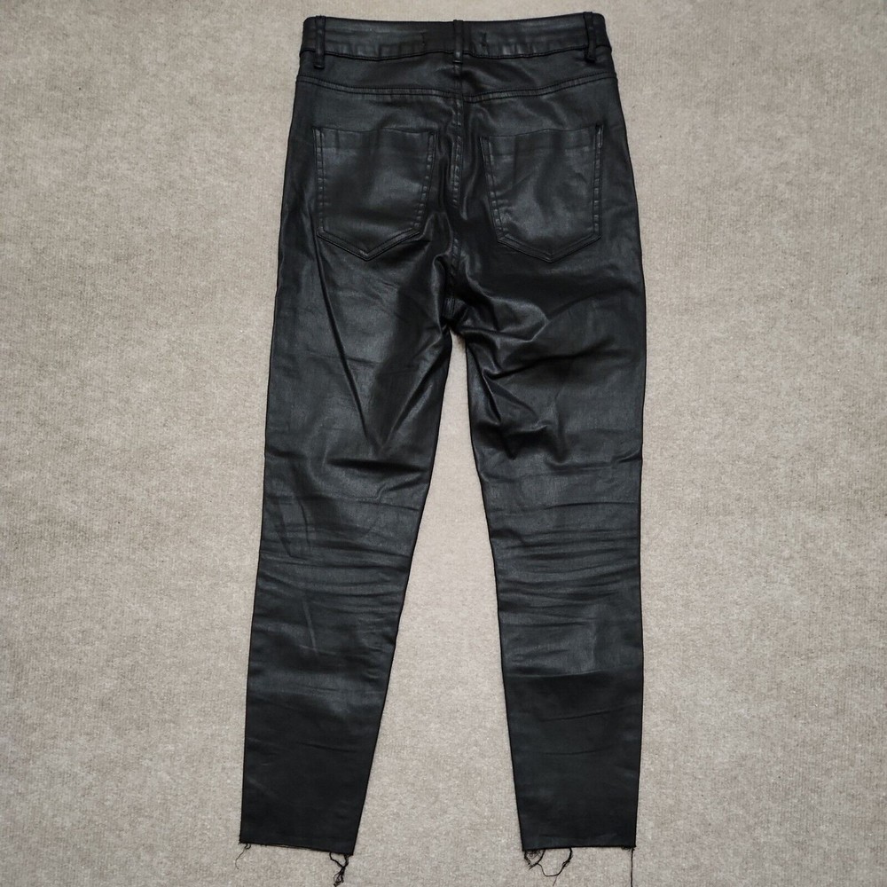 Zara Woman Slim Fit Coated Cropped Pants Size 6 Black Skinny Raw Hem High Rise - Picture 6 of 7